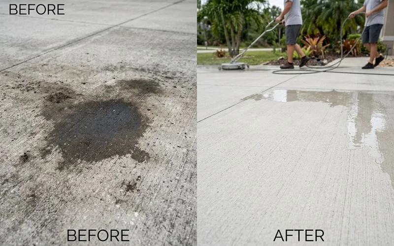 Before/after macro of oil stain — saturated dark area vs clean concrete after treatment