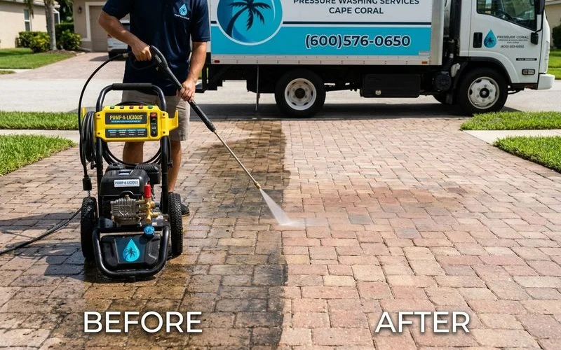 Before/after vertical split of listing photo quality — dingy exterior vs sparkling post-clean, daylight