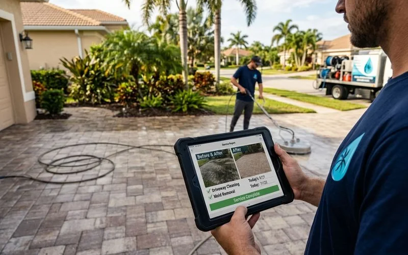Board-ready service report on tablet with before/after photos, multi-page format visible