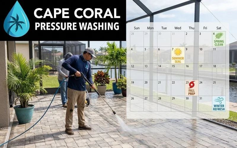 Calendar overlay on lanai photo showing quarterly maintenance markers tied to SWFL seasons