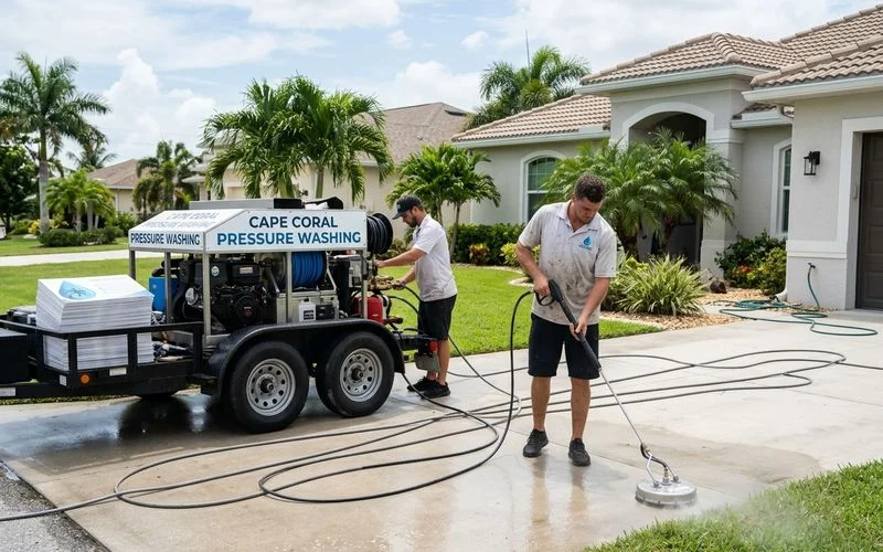 Trailer-mounted pressure washing rig staged at a Cape Coral home