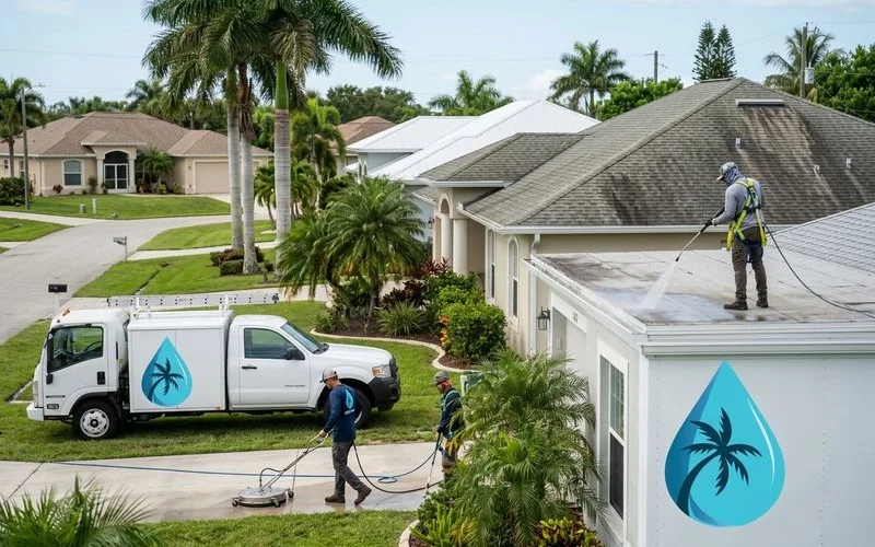 Cape Coral residential street showing mix of recently cleaned and overdue roofs side by side