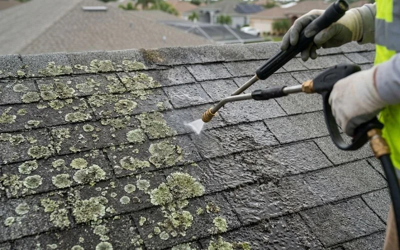 Close-up of lichen circles on asphalt shingles next to clean shingles, side-by-side comparison