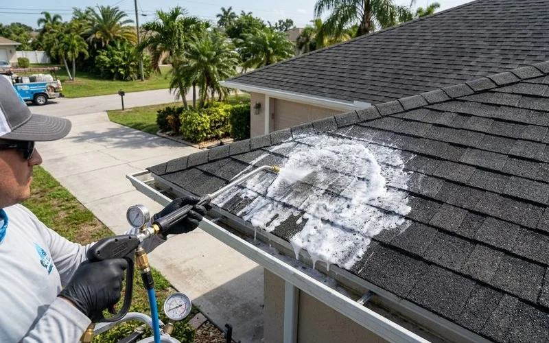 Soft Wash Roof Cleaning in progress in Cape Coral