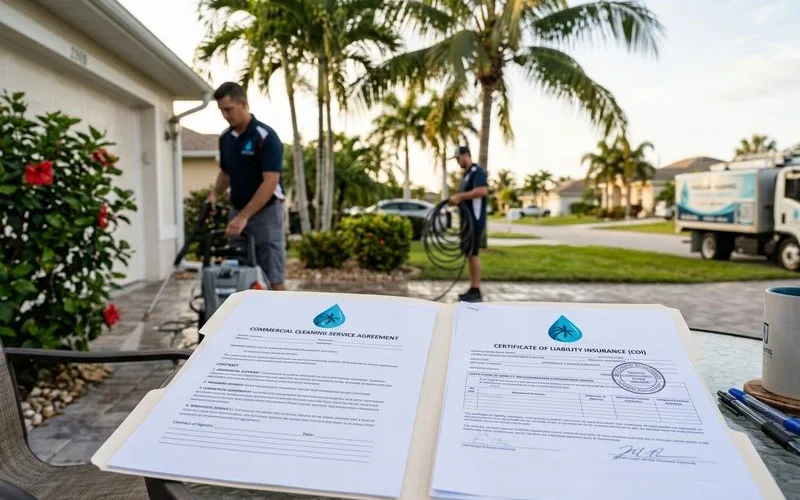 Commercial cleaning contract on table with COI document attached, professional setting
