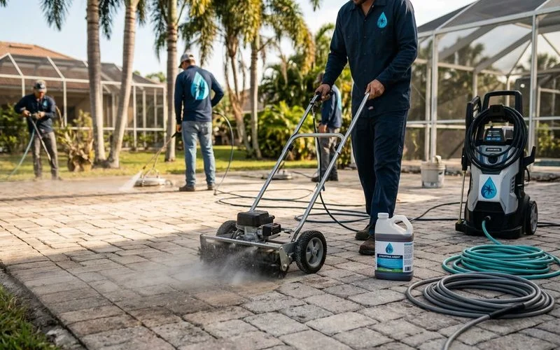 Crew applying chemical stripper to paver surface with ground-level applicator, branded uniforms, daylight
