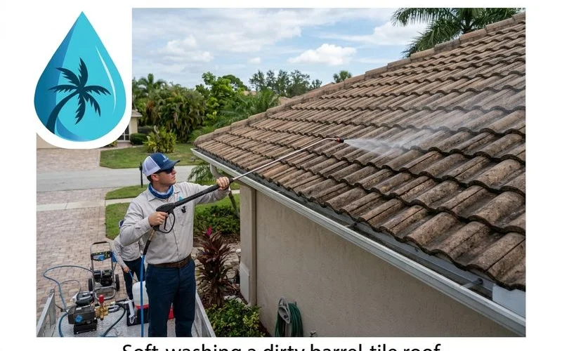 Crew applying soft-wash boom to roof from ground level, low-pressure setup visible, daylight