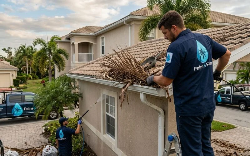 Crew clearing palm debris from gutter on ladder, downspout flush visible, branded uniform