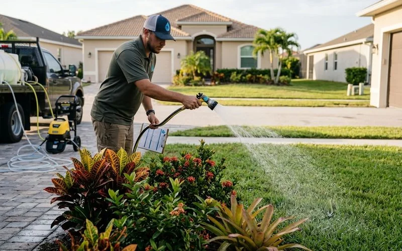 Crew member pre-rinsing landscaping plants and grass with garden hose before applying soft-wash chemistry, documentary photography