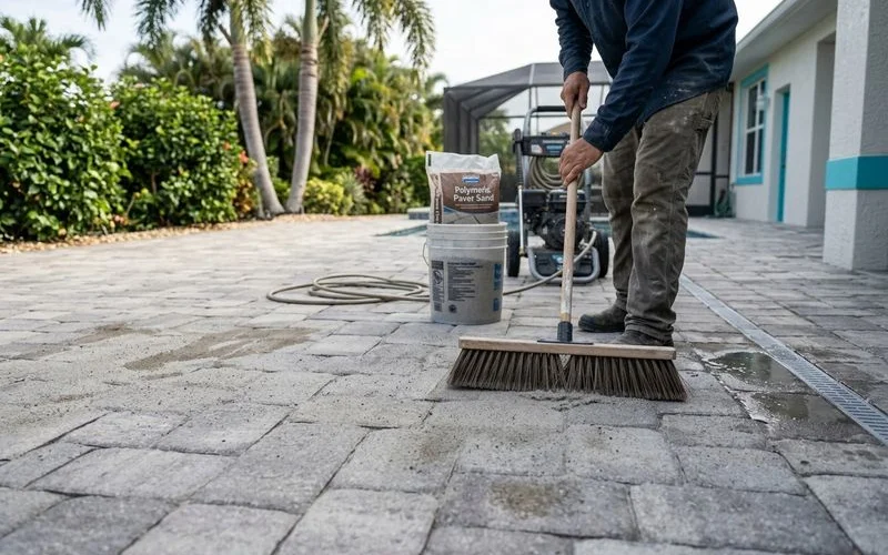 Crew member re-sanding paver joints with polymeric sand using broom, close detail shot