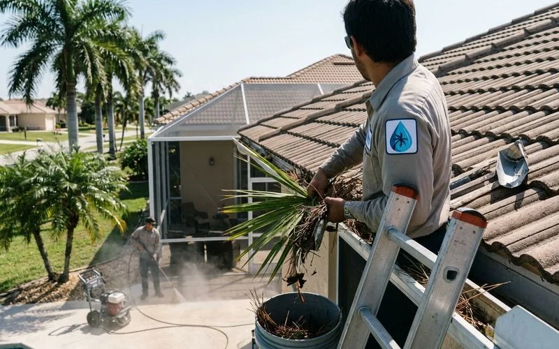 Crew member with branded uniform clearing palm fronds from gutter on a residential roof, ladder visible, candid documentary