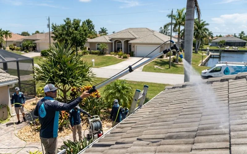 Crew using extended ground-level boom system to soft-wash tile roof without walking on tiles, brand-uniformed