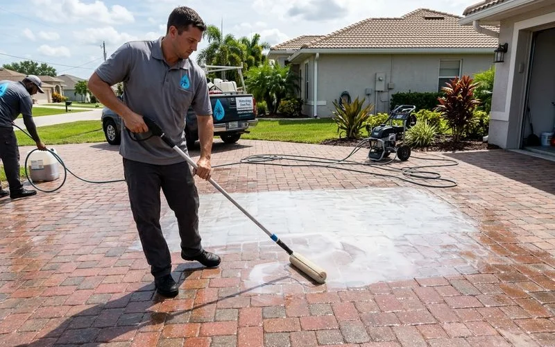 Flood-coat sealer application across driveway with applicator, glossy wet finish visible, branded uniform