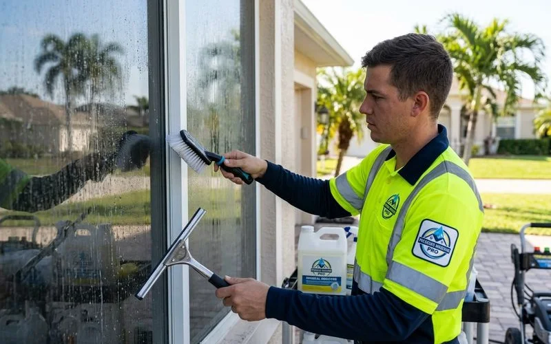 Hand applying acid-based mineral remover to window with squeegee finish, branded uniform