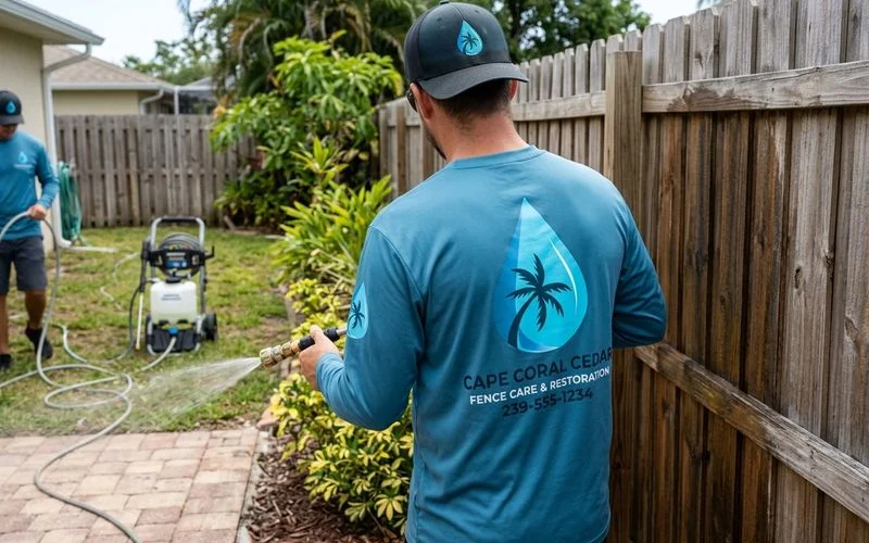 Hand applying wood brightener to fence with low-pressure rinse, branded uniform