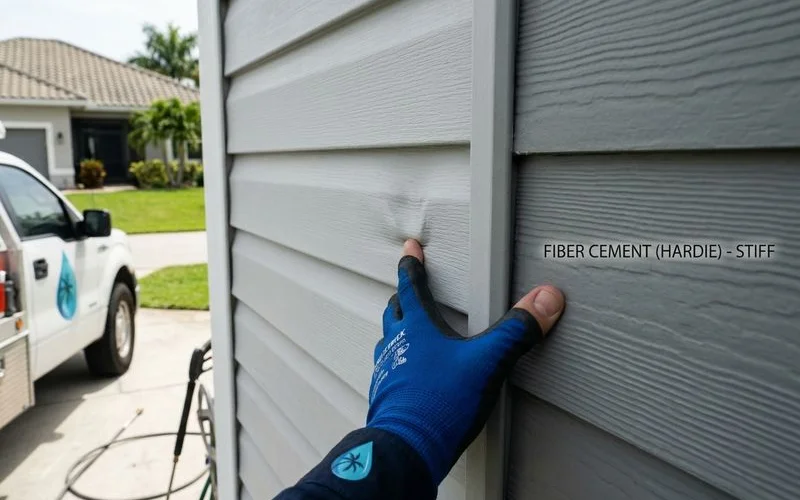 Hand pressing siding to demonstrate flex (vinyl gives, Hardie doesn't) showing material identification technique