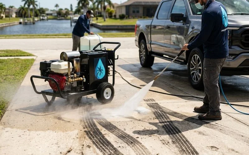 Hot-water mode pressure washer with degreaser injection cleaning tire marks, steam visible
