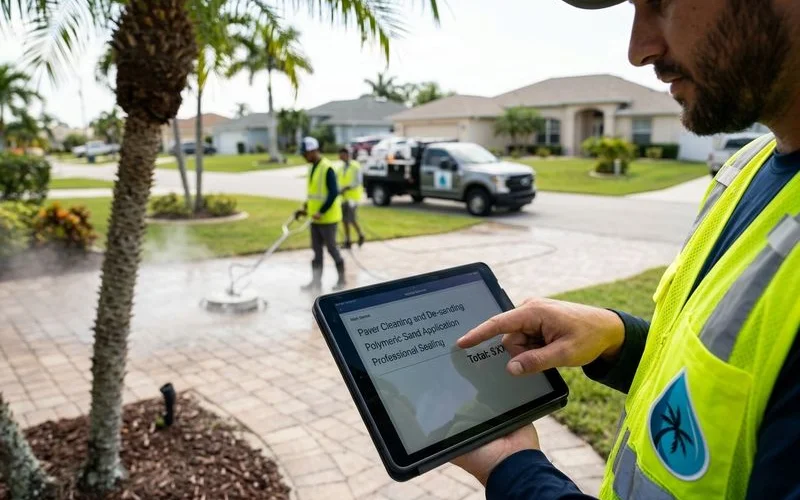 Itemized paver sealing quote on tablet, hand pointing at line items, daylight documentary