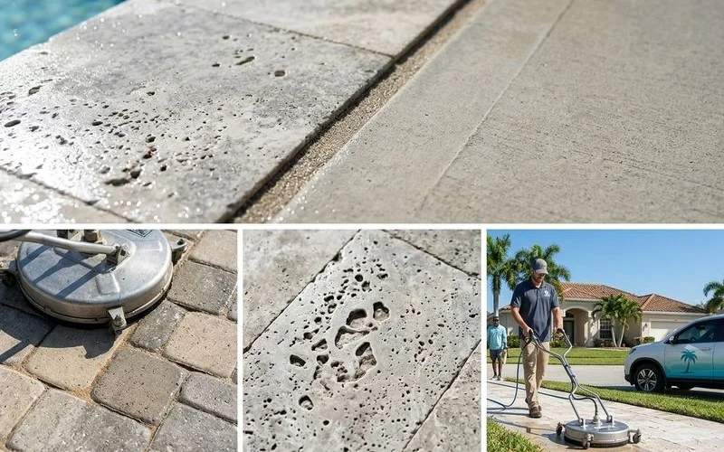 Macro detail of travertine pit pattern vs concrete uniform surface vs paver joint sand
