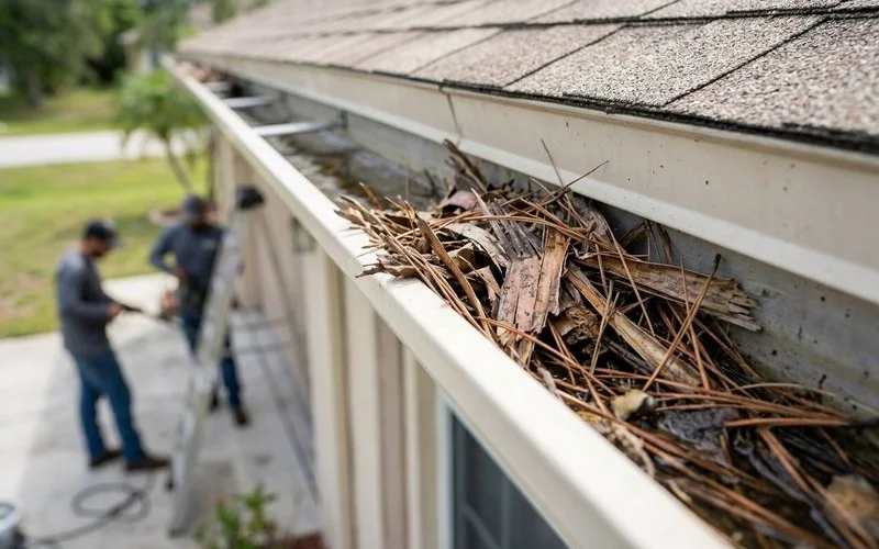 Macro of clogged gutter packed with palm debris and pine needles, daylight