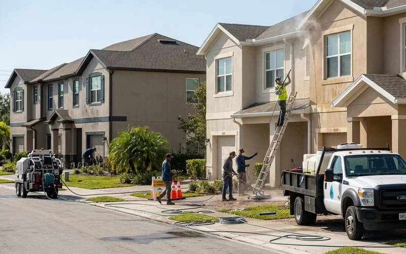 Multi-unit townhouse complex with crew working sequentially building-by-building