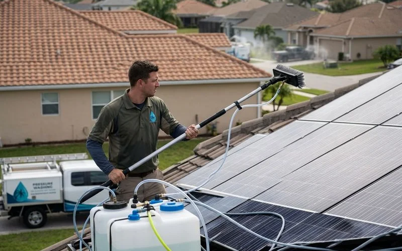 Pure-water soft-brush system in use on solar array, deionized water connection visible, branded uniform
