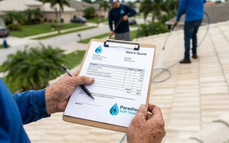 Quote document on clipboard with itemized roof cleaning charges, hands holding pen, documentary photo