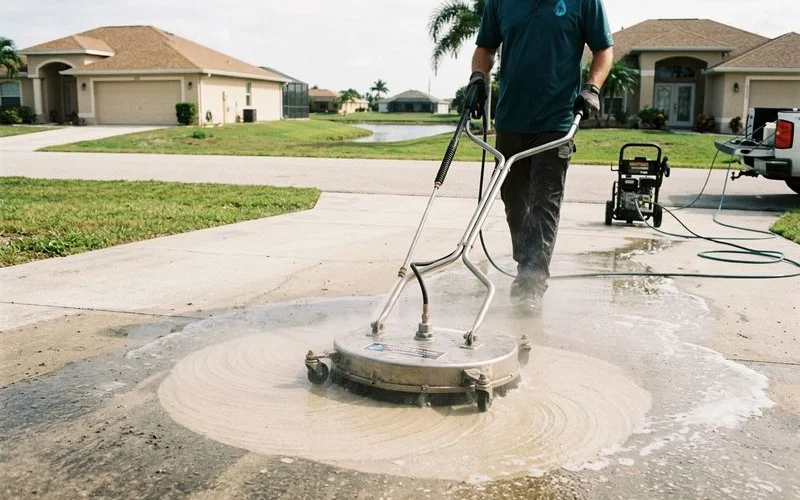 Rotary surface cleaner attachment in use on Cape Coral driveway, even circular pattern visible