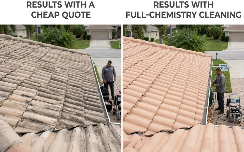 Side-by-side comparison of cheap-quote result (streaks remaining) vs full-chemistry result (fully cleaned), tile roof