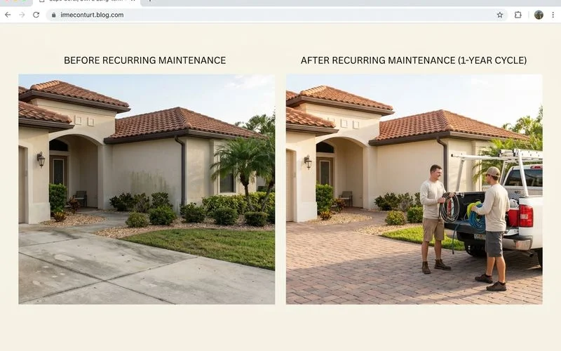 Side-by-side photos of a SWFL home before and after recurring maintenance, demonstrating long-term curb appeal