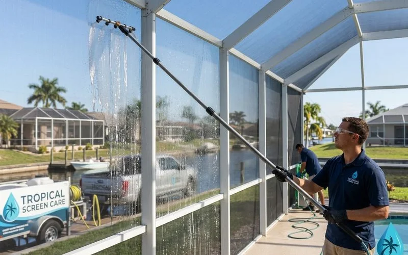 Soft-wash boom applying low-pressure chemistry to screen mesh from outside enclosure