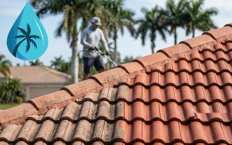 Soft-wash crew cleaning a roof tile section, showing clear contrast between dusty and cleaned areas
