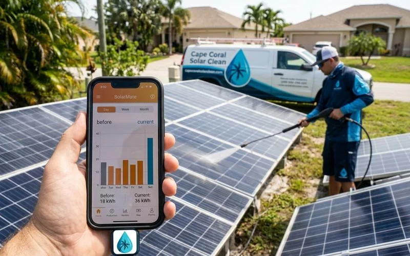 Solar production monitoring app on phone showing before/after kWh after cleaning