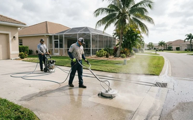 Surface cleaner attachment in use on concrete entryway, even pattern visible, daylight