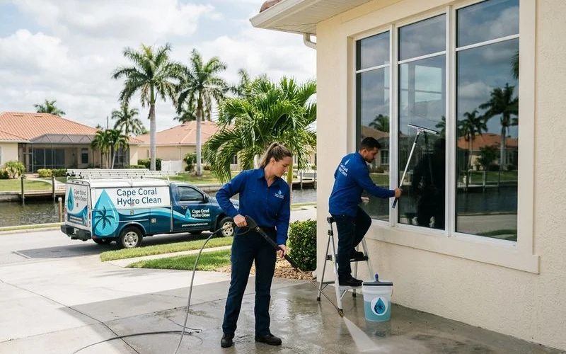 Tech doing exterior window cleaning with squeegee and bucket, branded uniform