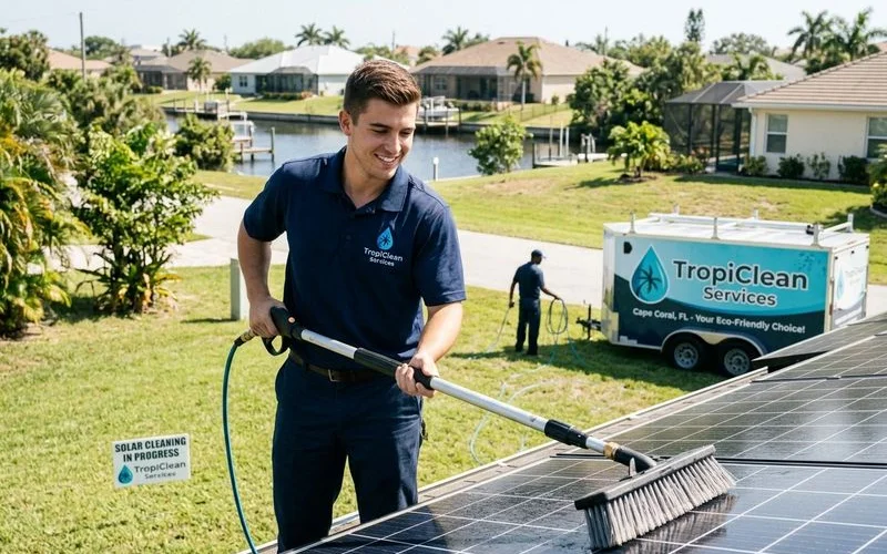 Tech using soft-bristle brush on solar panel array, branded uniform, daylight