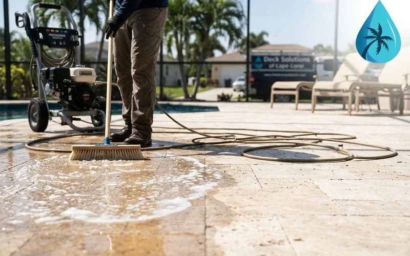 Travertine pool deck mid-cleaning with pH-neutral applicator, soft-bristle approach visible