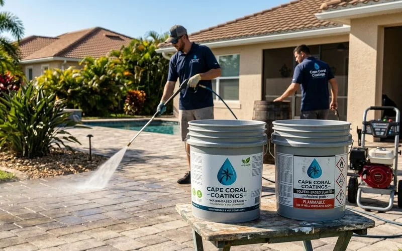 Two sealer can labels visible — one solvent-based with chemical warnings, one water-based with eco-safe labeling