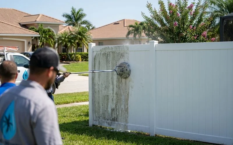 Vinyl fence section mid-cleaning with soft-wash boom, mildew lifting visible