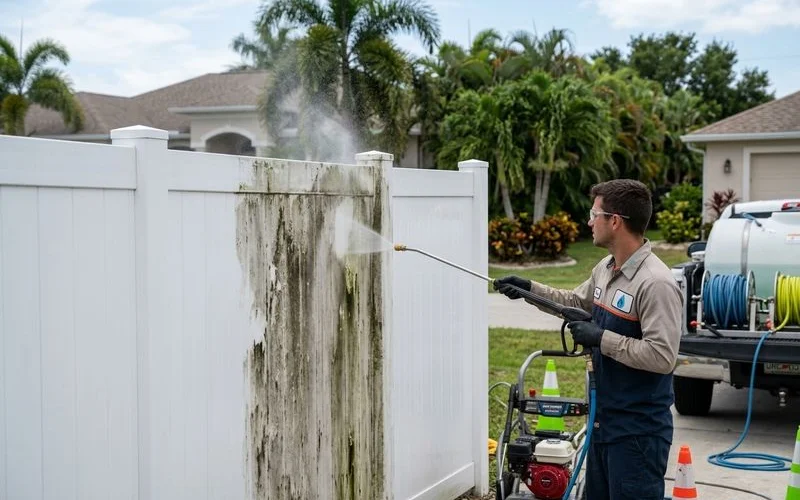 Fence Pressure Washing in progress in Cape Coral