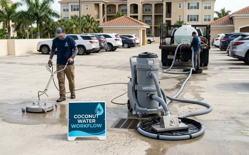 Water reclamation system collecting run-off at commercial parking deck, EPA-compliant setup