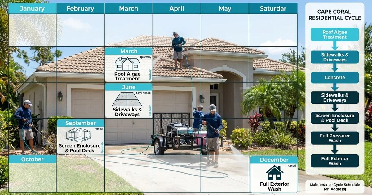 Calendar-overlay illustration on photo of Cape Coral home, showing yearly maintenance cycle with subtle annotations on each surface, brand colors