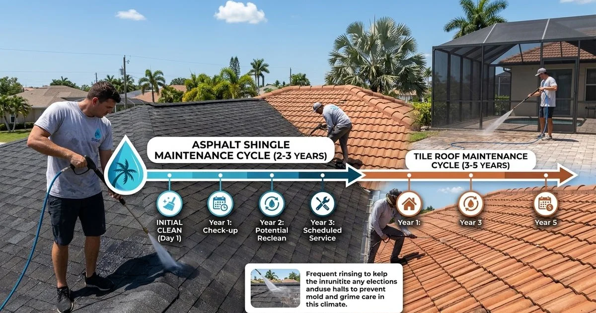 Calendar timeline overlay on SWFL home roof photo, showing 2-3 year asphalt cycle and 3-5 year tile cycle