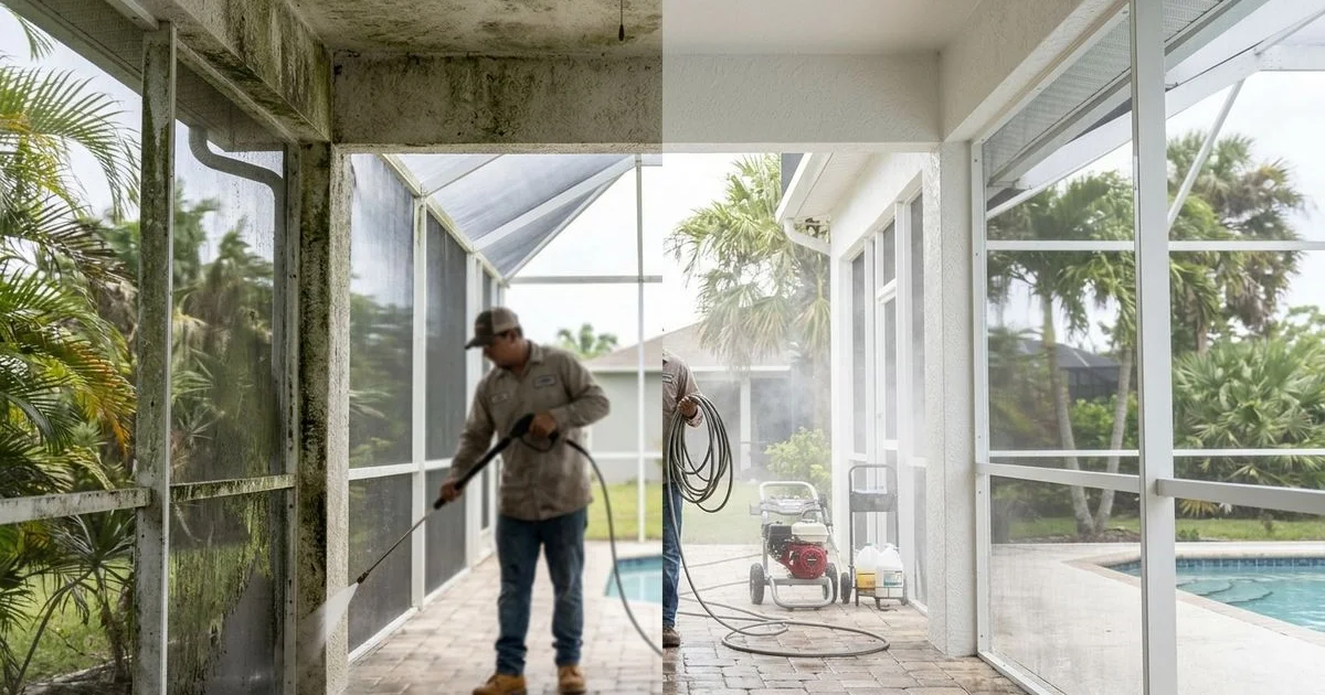 Cape Coral covered lanai under shade with subtle mildew on frame and screen, side-by-side with cleaned section