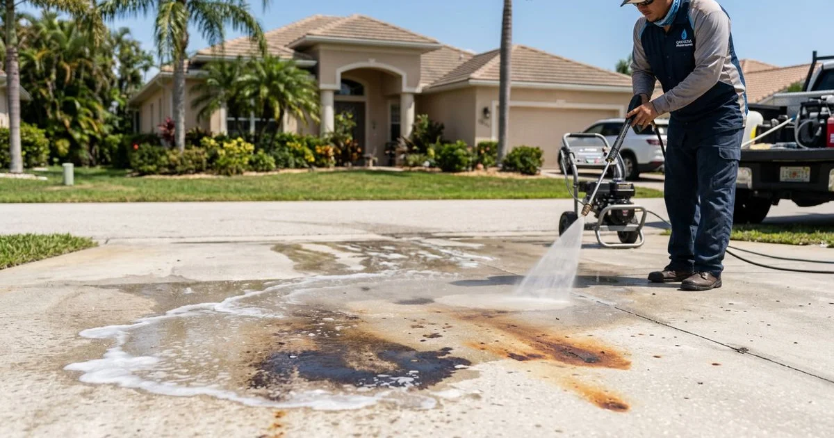 Cape Coral driveway with visible oil stain and rust marks, mid-treatment with degreaser visible, daylight