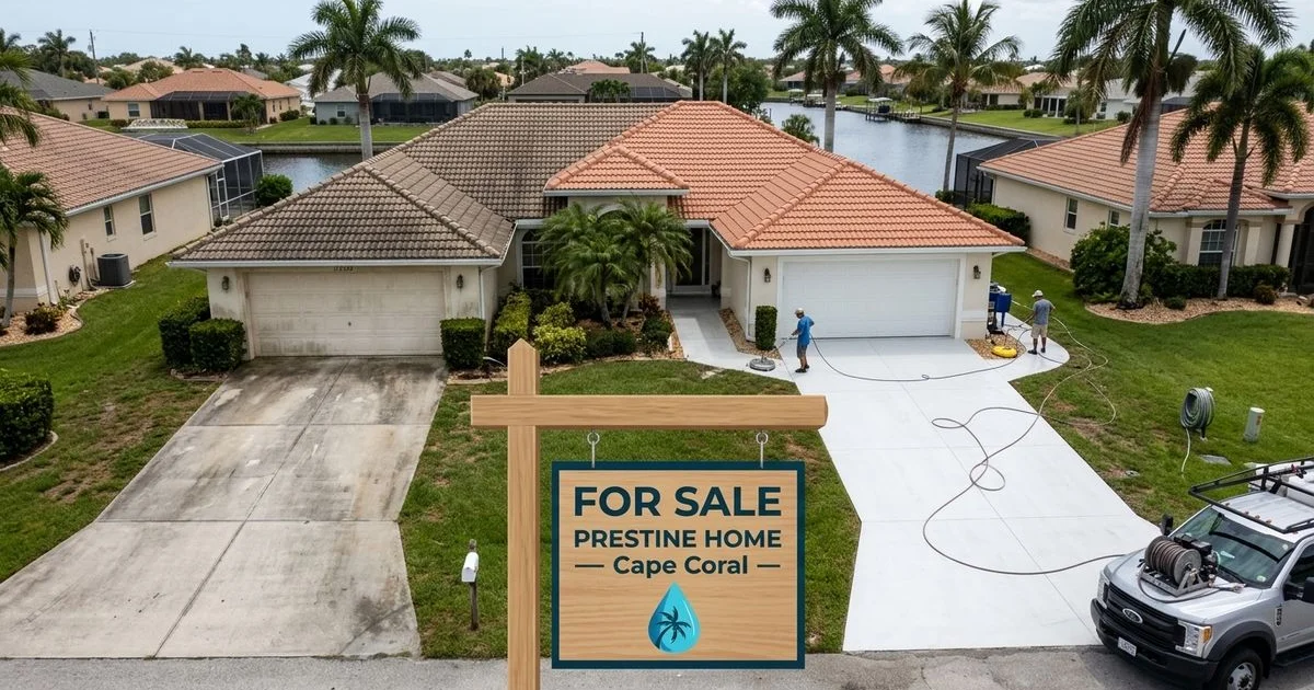 Cape Coral home before/after split — pre-wash dingy vs post-wash sparkling, FOR SALE sign in foreground