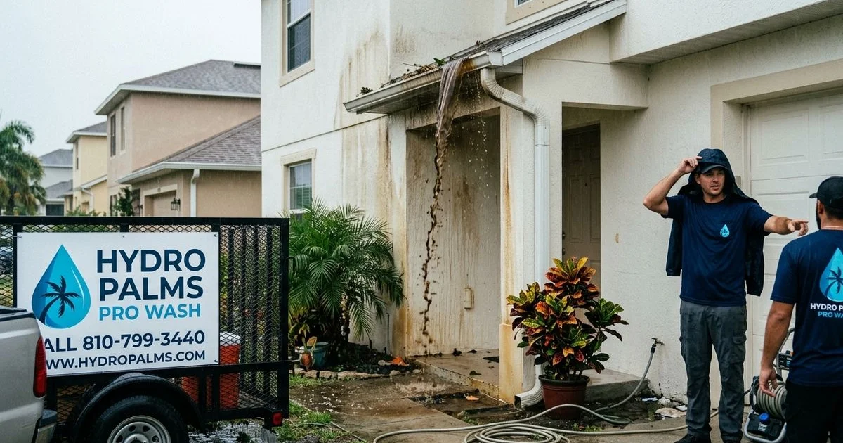Cape Coral home gutter overflowing during rain, water cascading down siding causing visible stain