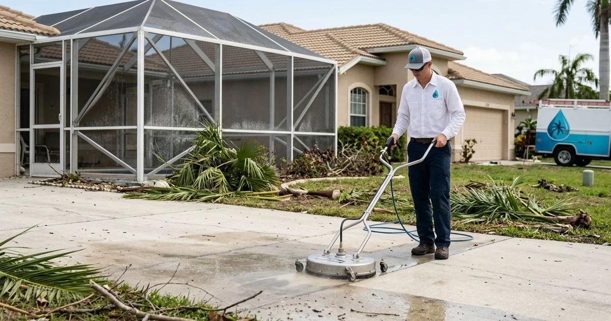 Cape Coral home post-storm with debris on driveway, branches near pool cage, and salt residue on screen enclosure, daylight, authentic documentary