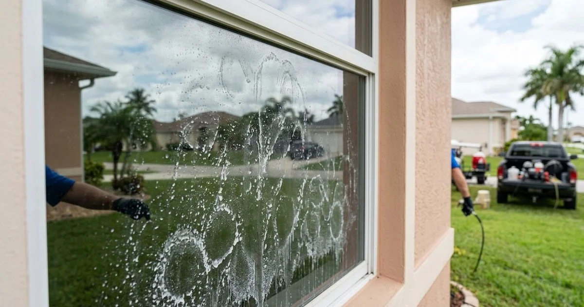 Cape Coral home window with visible hard-water mineral deposits in sprinkler-spray pattern, daylight