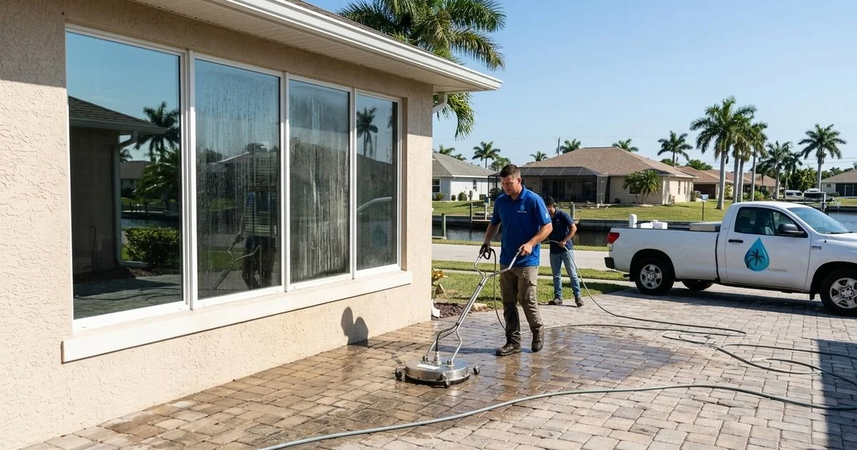 Cape Coral home windows half-cleaned to show transformation, daylight